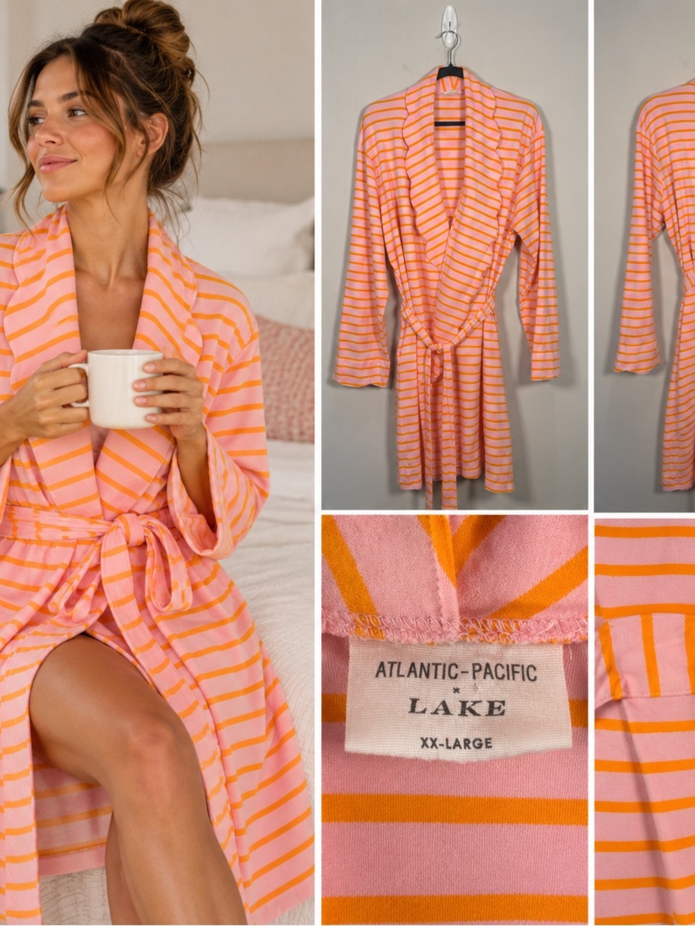 Atlantic-Pacific x LAKE Pink Orange Striped Robe XXL